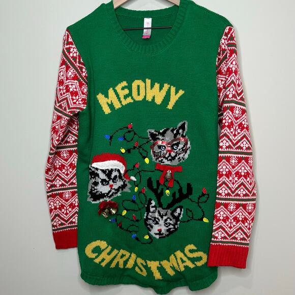 No Boundaries "Meowy Christmas" Ugly Christmas Sweater Size XXL Tunic - Picture 1 of 10